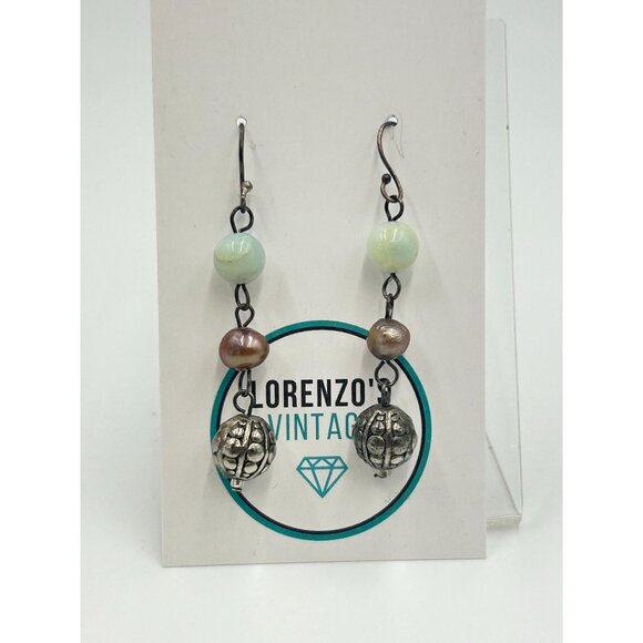 Vintage Earrings Stone Pearl & Sterling Silver Beads Dangling Beaded Earrings - Picture 2 of 5